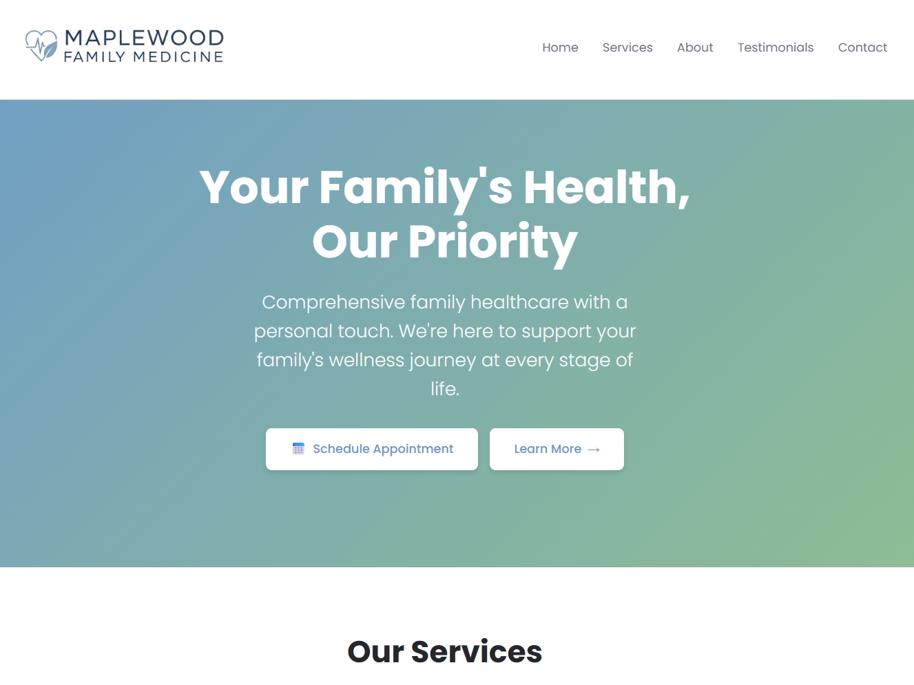 Maplewood Medical website showcasing a professional, trust-focused design with service highlights