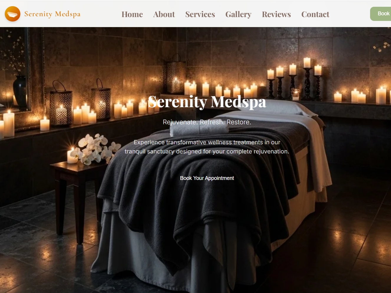 Serenity Spa website featuring a minimalist, calming design with soft tones and elegant booking flow